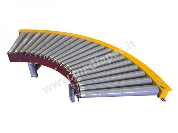 Rulliera curva motorizzata a 90° con rulli conici in materiale termoplastico