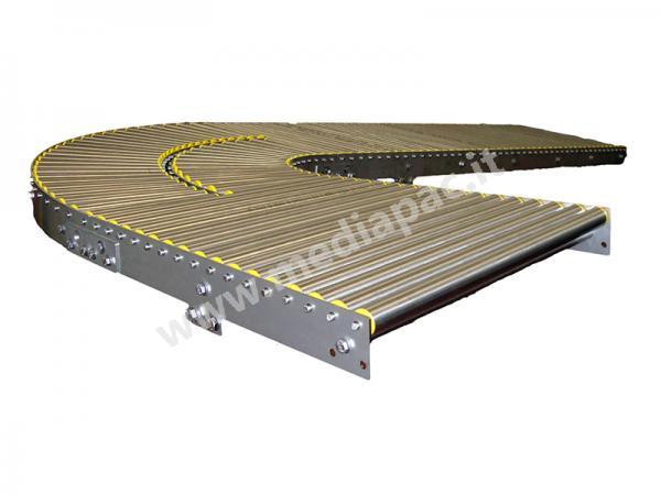 Linea di movimentazione, in acciaio inox, con curva a 90°